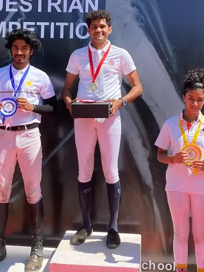 Our riders on the podium for the 110cm Show Jumping event at the Karnataka State Equestrian Championship. We secured both first and second place in a competitive field.
