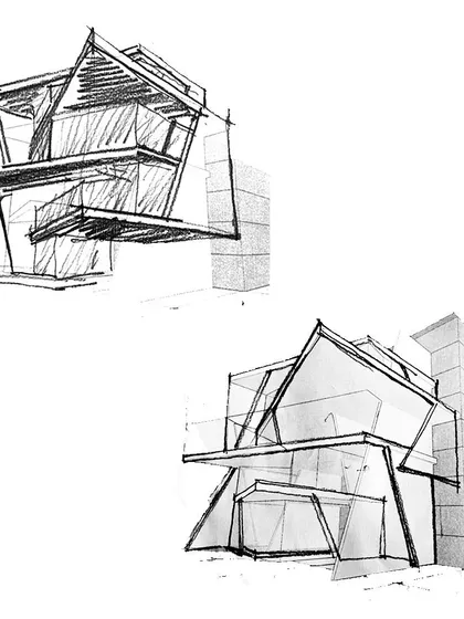 Scheme 1 for the Mysore clubhouse, beginning with sketches of interlocking, angled boxes.