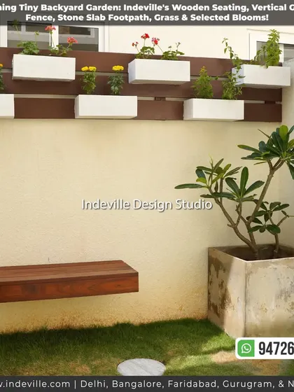 This small backyard was transformed into a charming garden. I installed a floating wooden bench, a vertical garden with white box planters, and a small lawn with stone steppers, making the most of the compact space.