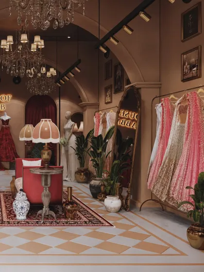 A view inside the House of Sabbab boutique, showing the lounge area with a red sofa and ornate rug, creating a luxurious client experience.