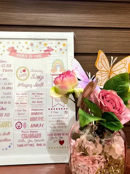 A personalized milestone board for Myra's first birthday, detailing all her "firsts" and favorites. It's a beautiful keepsake for the parents and a lovely decor piece.