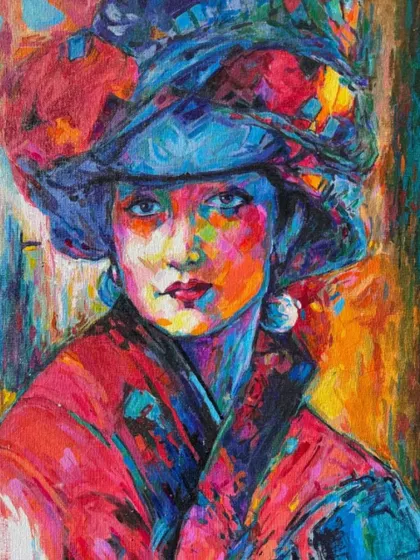 An expressive portrait of a woman created using the frottage technique, which involves rubbing a drawing tool over a textured surface. This unique style results in a vibrant, multi-layered artwork full of life and color.
