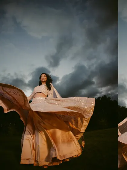 A bride's joy is infectious. We wanted to capture that feeling of pure happiness and freedom against a dramatic sky, creating a portrait that feels both powerful and personal.