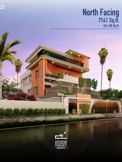 A view of the north-facing fusion villa, highlighting its 40x80 plot size. The design uses brick textures and curved enclosures to balance elegance, utility, and architectural intent.