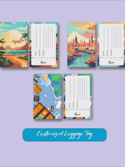 Travel in style with these custom luggage tags. This set features vibrant, artistic travel scenes, with space on the back for your contact information.