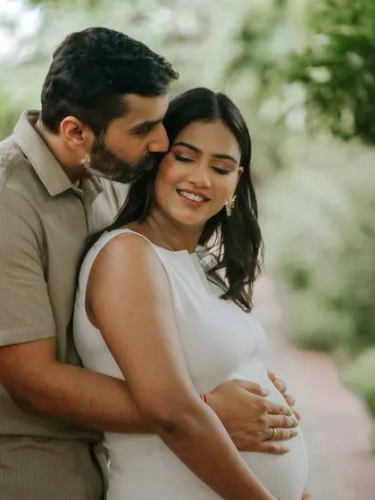 A quiet moment for an expecting couple during their outdoor maternity photoshoot in Delhi. I focused on natural light and their gentle connection to capture the peaceful anticipation of parenthood.