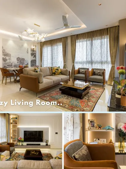 A collage of the cozy living room, which includes a plush sofa, intricate rug, and a beautifully lit TV unit.