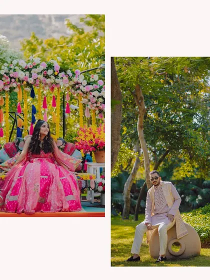 Individual portraits of the bride and groom at their outdoor carnival, looking stylish and relaxed.