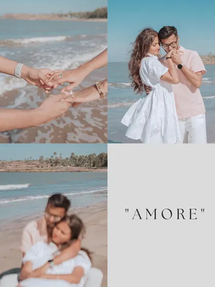 A beautifully designed collage from Harsh and Shreya's beach pre-wedding shoot, capturing tender moments with the word "Amore" to signify their love.