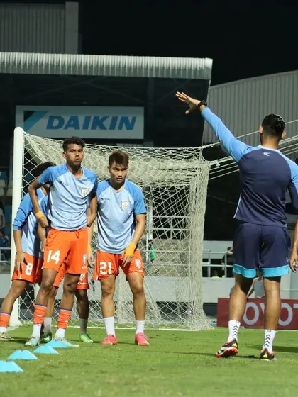 Coaching the Indian U17 team. Here, I am instructing the players on defensive positioning and awareness around the goal. Every drill is designed with intent to improve on-field physicality and tactical execution.