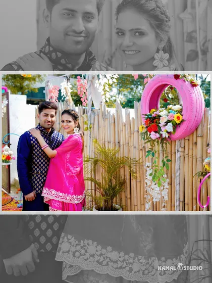 A sweet portrait of the couple at their Haldi, posing against a rustic bamboo and floral backdrop.