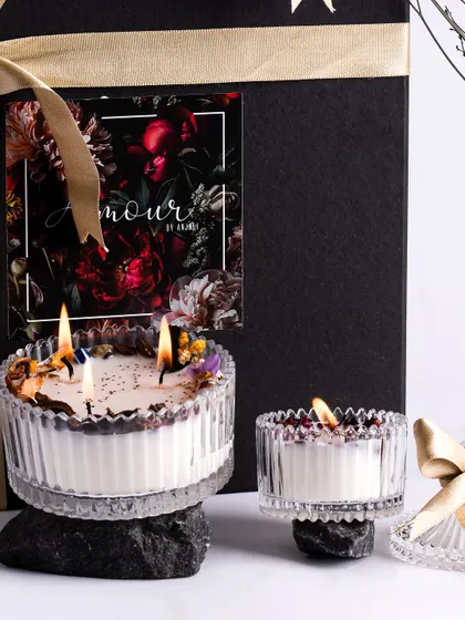 The Classic Duo candles, lit and casting a warm, elegant glow. This image captures the timeless beauty of these pieces, making them a perfect addition to any home decor.
