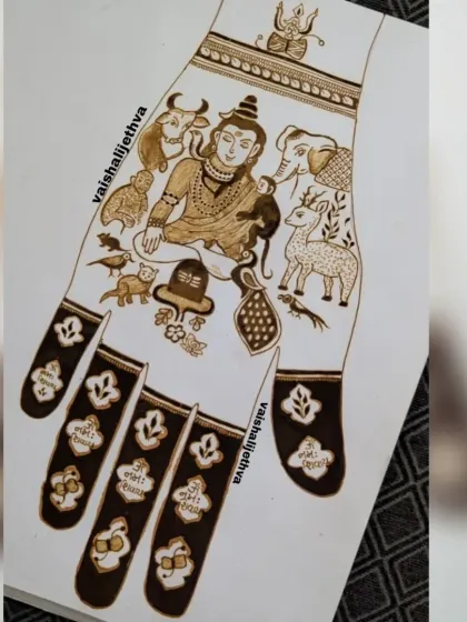 A complete view of my Shravan-special design. Lord Shiva is depicted in meditation, surrounded by animals, with each finger bearing a sacred chant.
