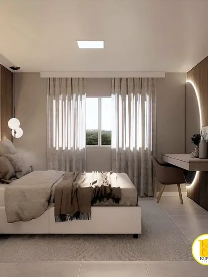 A bedroom with a unique, backlit semi-circular mirror over the dressing table.