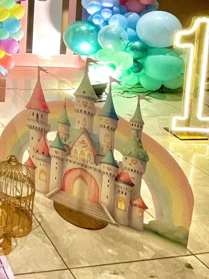 A beautiful fairytale castle cutout prop, complete with a rainbow. This prop was part of a unicorn-themed party and served as a great photo opportunity for the kids.