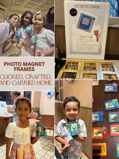 Clicked, crafted, and carried home! Our photo magnet frame activity is a huge hit. Kids get to make a frame for a photo taken at the party, creating a memory they can stick on the fridge.