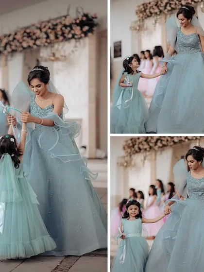 A collage showing the bride interacting sweetly with her flower girls during the wedding day.