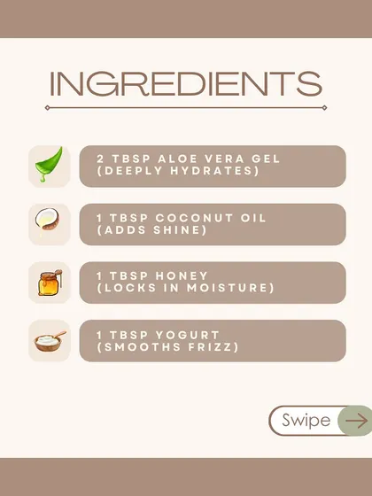 The ingredient list for a DIY deep-conditioning hair mask. It features aloe vera for hydration, coconut oil for shine, honey to lock in moisture, and yogurt to smooth frizz.