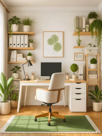 A green home office concept designed to boost productivity and well-being. The space is filled with a variety of plants on shelves and the floor, creating a calm and inspiring work environment.