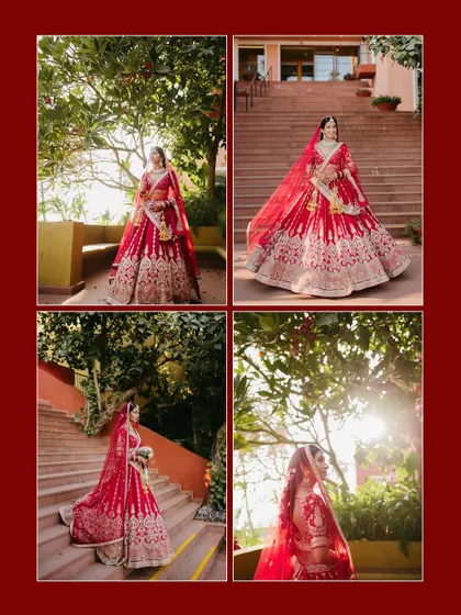 A collection of bridal portraits against the backdrop of a grand staircase and lush trees, showcasing her red lehenga from different perspectives.