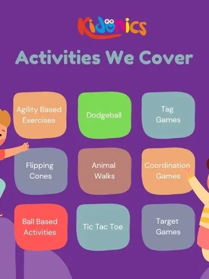 Ever wonder what we do in a session? This graphic shows just a sample of the activities we cover, from agility exercises and animal walks to classic games like dodgeball and tag. There's never a dull moment!