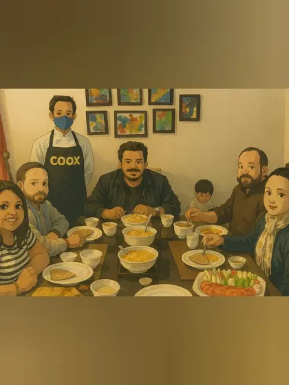 A creative illustration showing a family enjoying a meal served by one of my waiters. This captures the essence of my service: allowing you to enjoy home-cooked delights and magical moments with your loved ones.