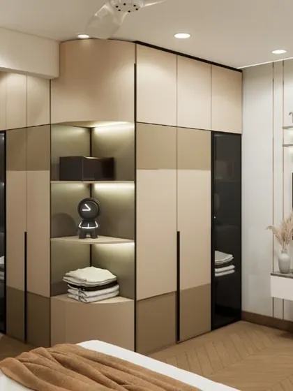 This render showcases a bedroom with a smart and stylish storage solution. The wardrobe features a mix of closed and open-lit shelves, seamlessly integrating with a compact TV unit for a clean, uncluttered look.