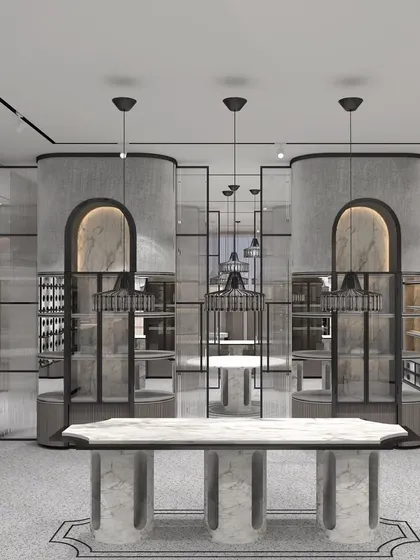 Another render of the Izzhar store, showing the interplay of grand architectural elements like arches and columns with modern retail displays. The design creates a sense of timeless luxury, perfect for a high-end gifting brand.