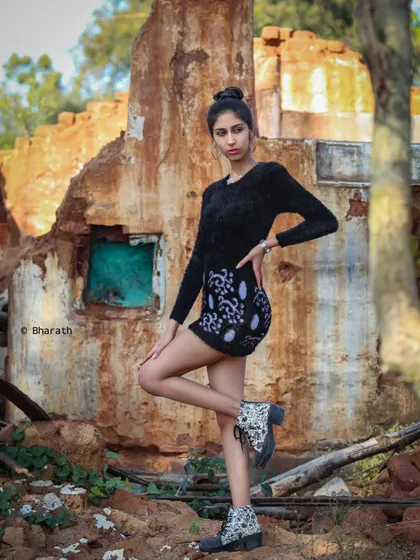 A fashion-forward pose in a gritty, rustic location. I enjoy finding these unique spots around Bangalore for standout portraits.