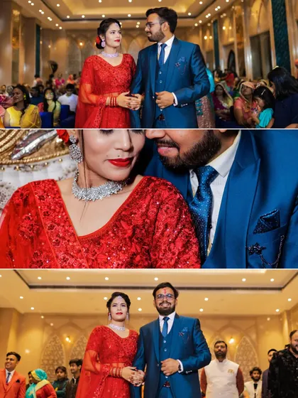 A collage of moments from Deepak and Deepa's Sangeet. It captures their on-stage presence, their interactions, and the overall celebratory atmosphere of the event.