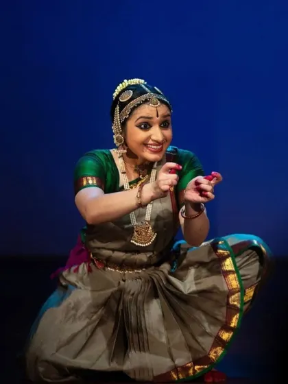 An expressive moment from a student's performance, wearing a costume beautifully stitched by Manjunath.
