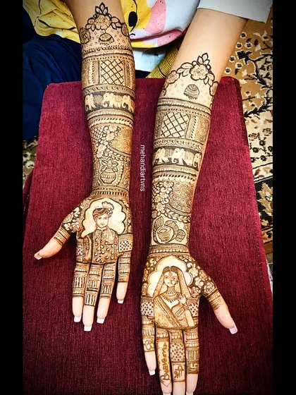 A classic bride and groom portrait mehandi. I work from photographs to capture your likeness, creating a stunning centerpiece for your bridal henna design.