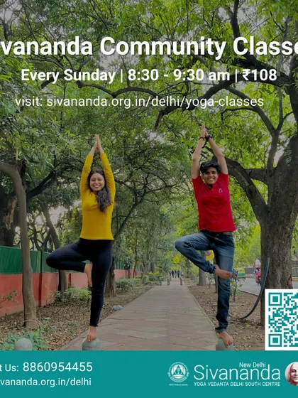 An announcement for our Sunday community classes. The image of two people practicing Vrikshasana (Tree Pose) in a park reflects the balance and harmony we aim to cultivate.