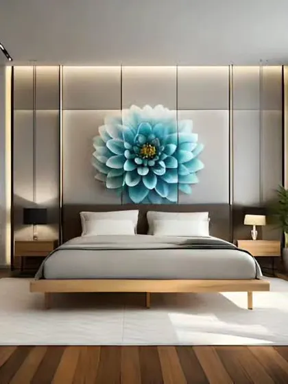 A serene and minimalist bedroom with a large, 3D floral art piece as the focal point. The simple wooden bed frame and neutral color palette create a calm and peaceful retreat.