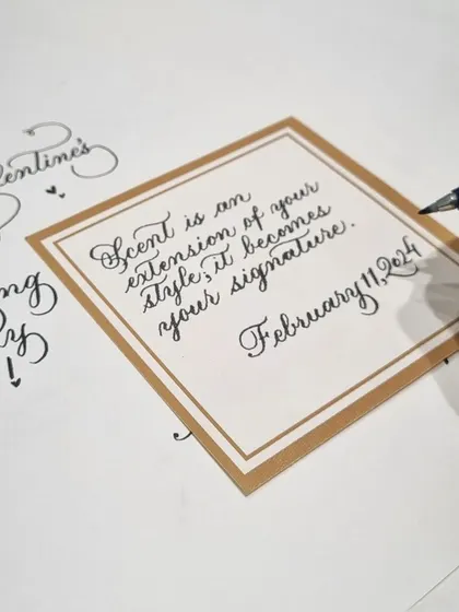 A finished piece with a beautiful quote about fragrance, created for a customer at the perfume store. I can scribe brand messages, quotes, or personal notes to align with your campaign's theme.