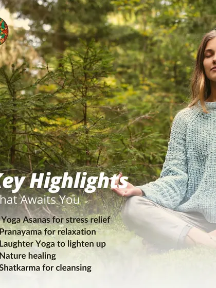Key highlights of our Stress Reset Workshop include Yoga Asanas for stress relief, Pranayama for relaxation, Laughter Yoga to lighten up, and Shatkarma for internal cleansing, all designed to restore your balance.