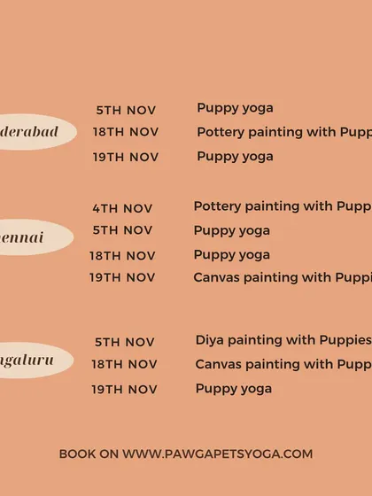 The November schedule for Hyderabad, Chennai, and Bengaluru, with pottery painting, puppy yoga, and more.