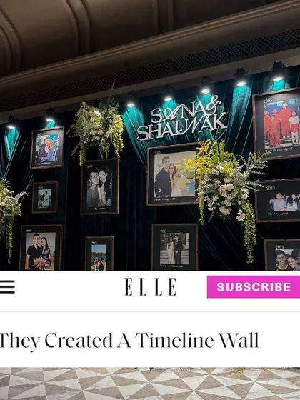 Our personalized timeline wall, created for a sangeet in Udaipur, was featured in an Elle India article. This recognition underscores my belief in creating meaningful details that tell a couple's unique story.