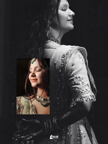 A double-exposure style portrait of Ekta, blending a color and monochrome shot for an artistic effect.