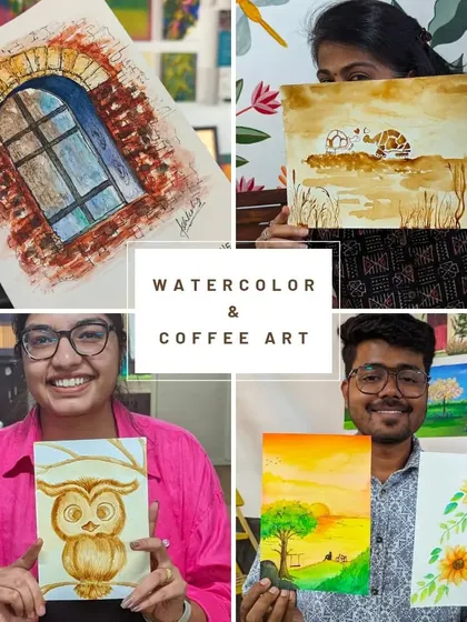 A collage of watercolor and coffee painting. Learn to paint with traditional watercolors or the rich, aromatic tones of coffee.