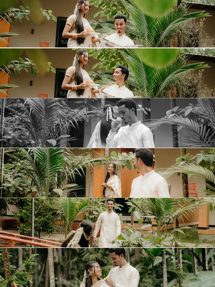A collage of sweet interactions and 'god gappa'. From sharing a cup of tea to walking together, these frames tell the story of their comfortable and deep-rooted love.
