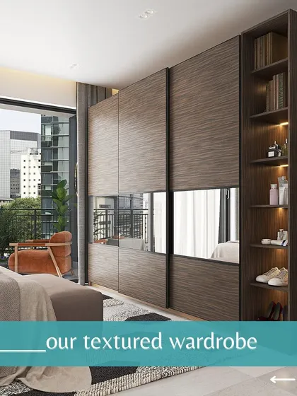 Our bold textured wardrobe with a dark wood finish and mirrored panels. This sliding wardrobe also includes an integrated bookshelf for added functionality.