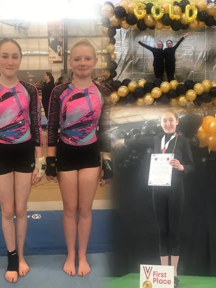 From the floor to the podium, this collage celebrates a Gold athlete's first-place win.