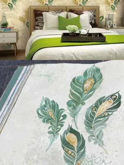 A collage showing a peacock feather wallpaper in a bedroom setting and a close-up of the roll.