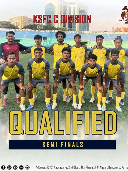 We've qualified for the semi-finals! A graphic celebrating our team's 1-0 victory that earned us a spot in the next round of the KSFC C Division.