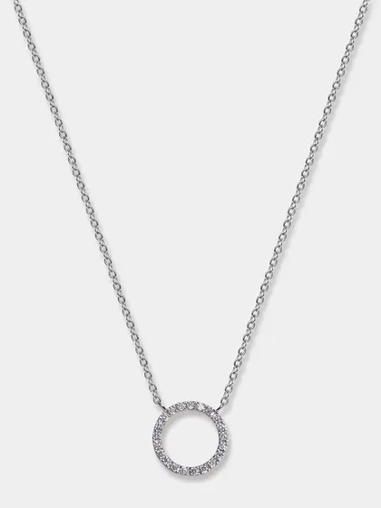 A simple and elegant silver necklace with a crystal-lined circular pendant. The clean white background makes this piece look timeless and sophisticated.
