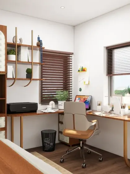 This bedroom includes a beautifully integrated study nook with ample shelving and a curved desk, perfect for a productive work-from-home setup.
