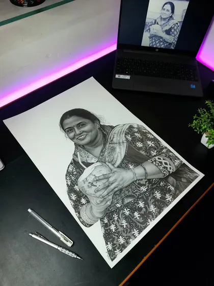 This large A2 size hyper-realistic pencil sketch was for a client in Lucknow. I worked hard to capture the texture of her printed suit and her warm, welcoming smile.