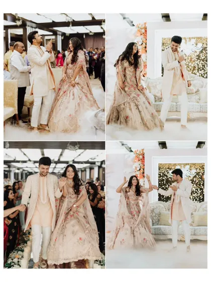 The grand entrance of Aayushi and Ameya, surrounded by theatrical smoke. This series of shots captures the energy and excitement of their celebration as they dance their way in.