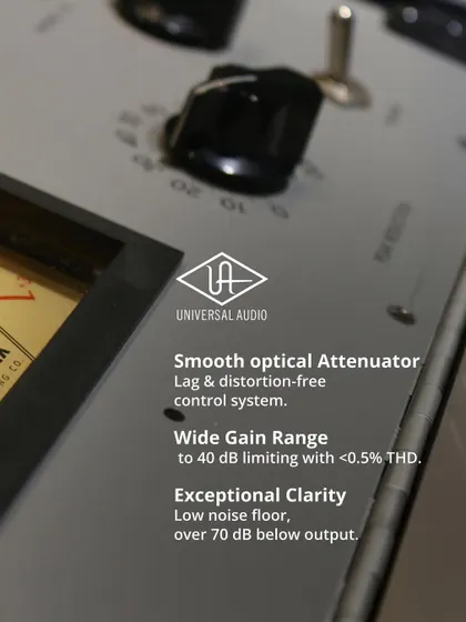 A detailed look at the Teletronix LA-2A, highlighting its smooth optical attenuator and wide gain range for exceptional clarity and distortion-free control.